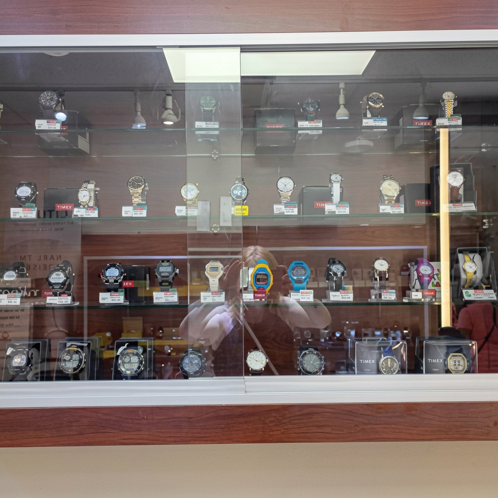 Wall display case filled with watches and jewelry pieces