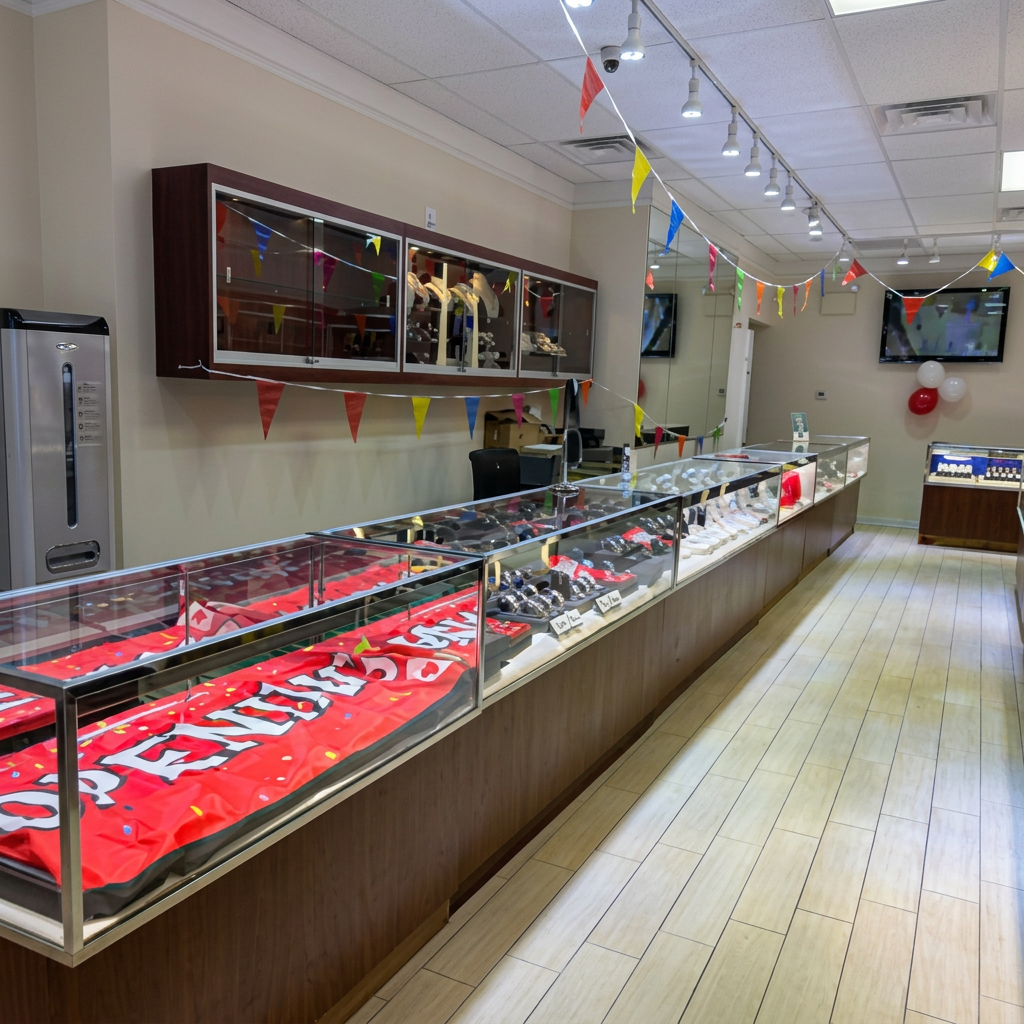 Interior of the store showing long glass display counters