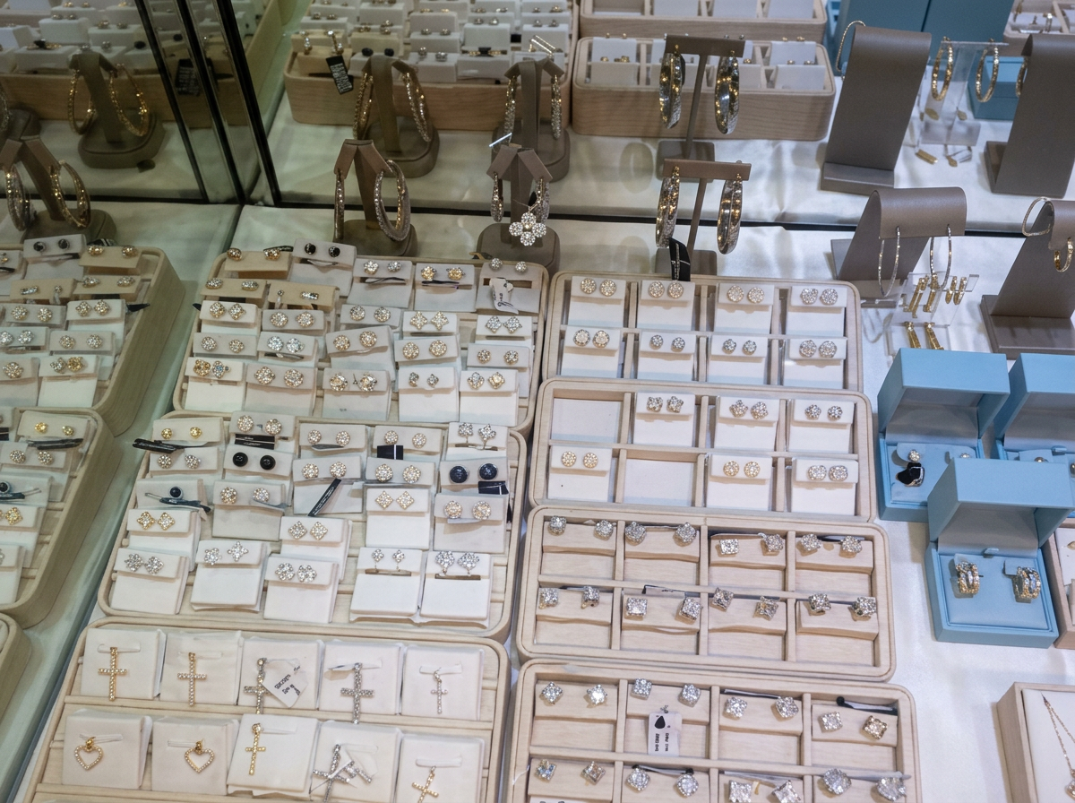 Jewelry display case with rings and earrings at the Chestnut Street store