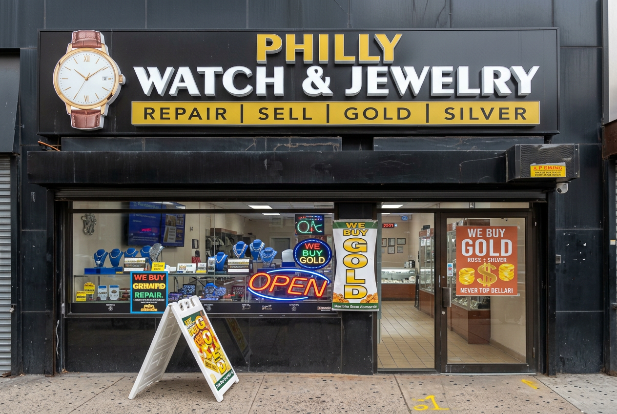 Storefront of Philly Watch & Jewelry on Chestnut Street in Philadelphia